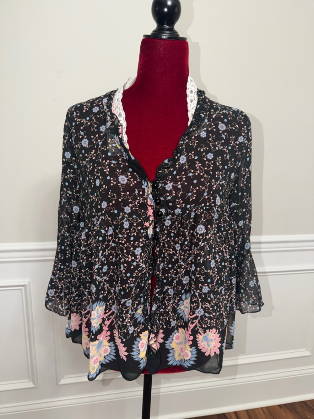 Boho-style, sheer‎ button-down blouse size S